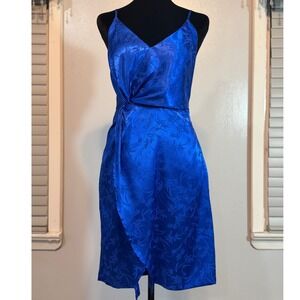 Lulus Royal Blue Jacquard Wrap Midi Dress – Satin Look, Adjustable Straps (S)